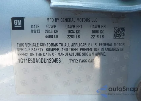 2013 Chevrolet Malibu 2Lt из США, поврежденный, VIN 1G11E5SA0DU129453